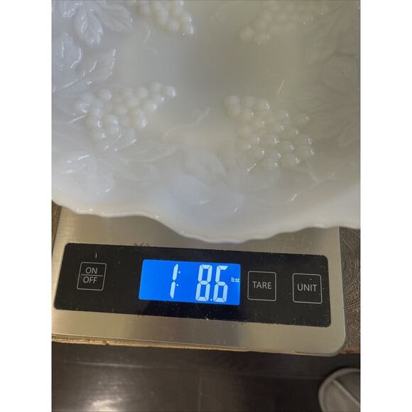 Vintage Anchor Hocking Milk Glass Bowl Pedestal Grape & Vine Pattern 10” - Picture 7 of 7